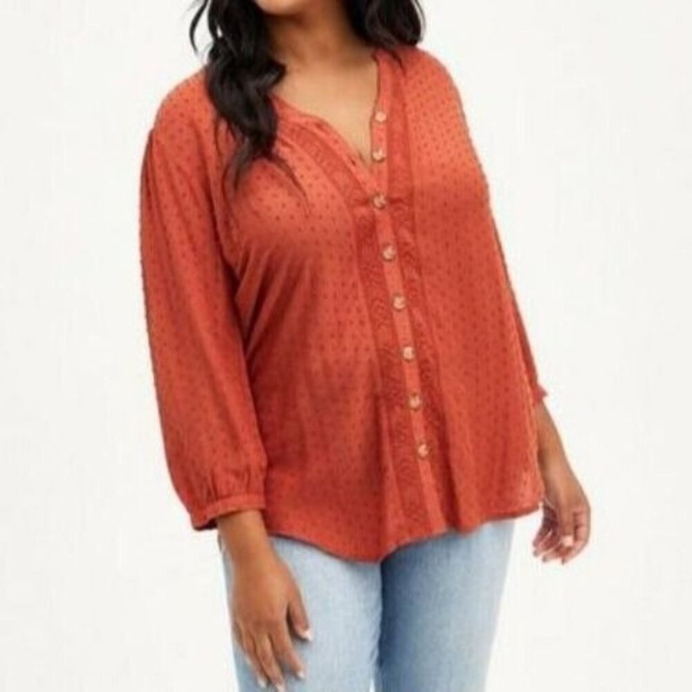 Torrid Button Front Long Sleeve Top Swiss Dot Embroidered Orange Plus Size 2X
